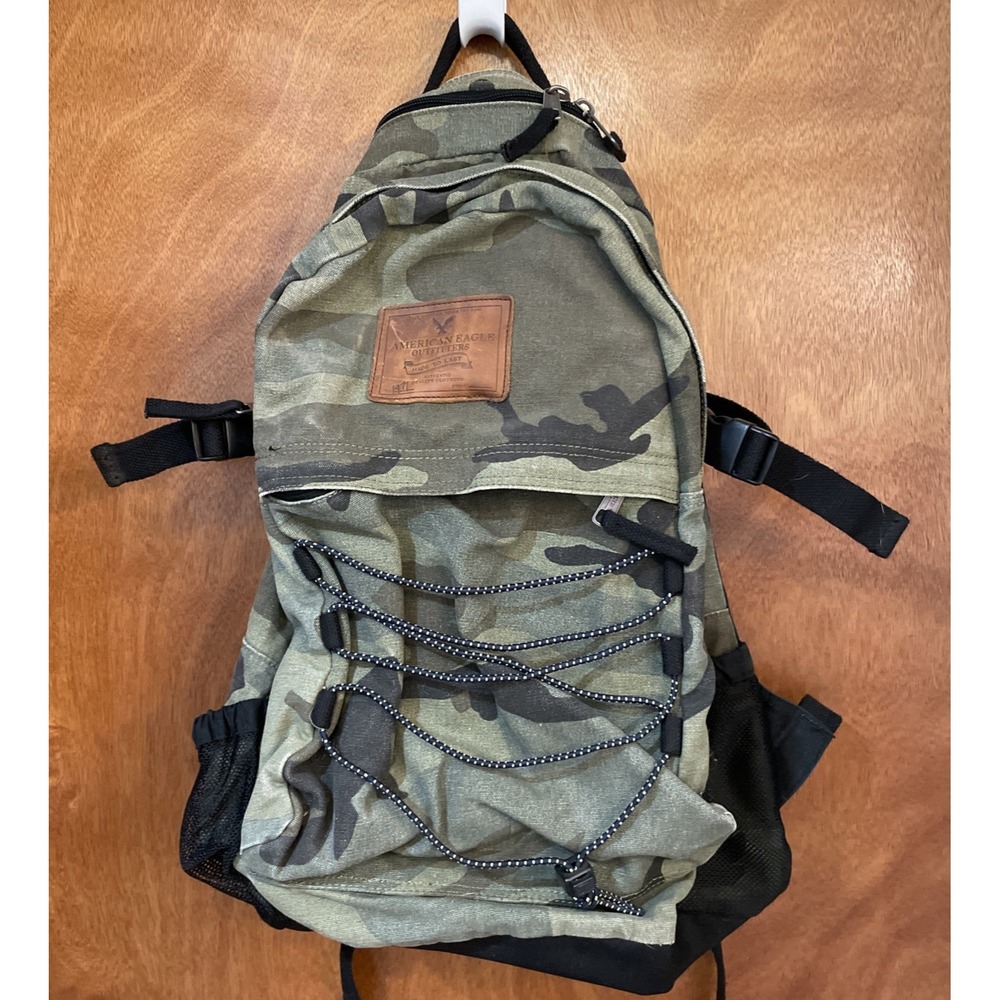 American Eagle Green Black Camo Canvas Backpack Cinch Up back Multi Pockets